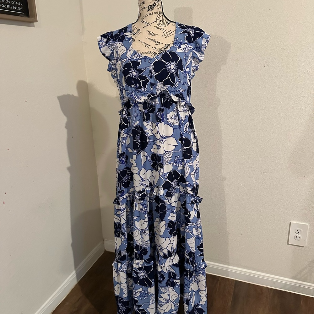 Harlow Navy & Light Blue Floral Ruffle Maxi Dress